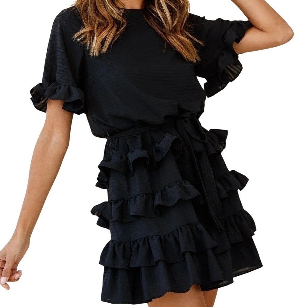 NWT Selfie Leslie Black Mini Dress Size XS Ruffle Hem Flirty‎ Whimsigoth No Belt
